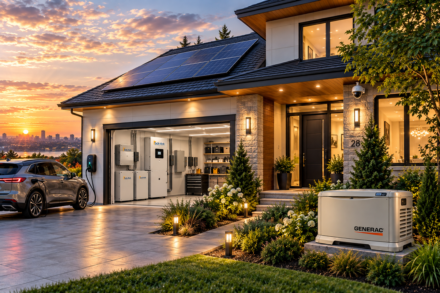 Modern smart home with solar panels, EV charging, Sol-Ark backup batteries, security camera and Generac standby generator